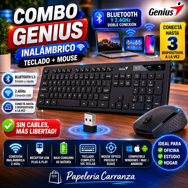 Combo GENIUS INALAMBRICO - SLIMSTAR 8230 -  ( Teclado + Mouse ) SISTEMA CON RECEPTOR + BLUETOOTH