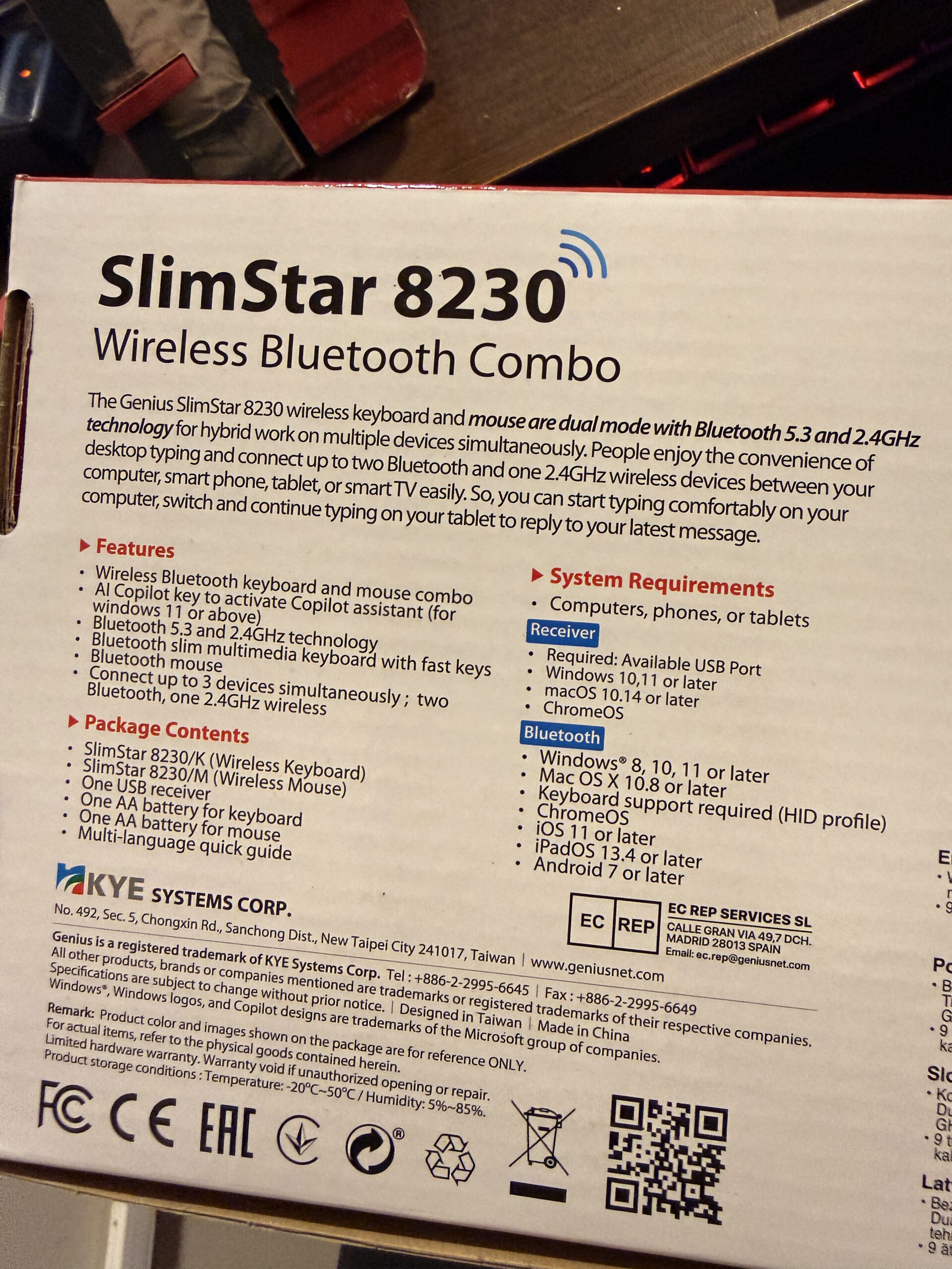 Combo GENIUS INALAMBRICO - SLIMSTAR 8230 -  ( Teclado + Mouse ) SISTEMA CON RECEPTOR + BLUETOOTH