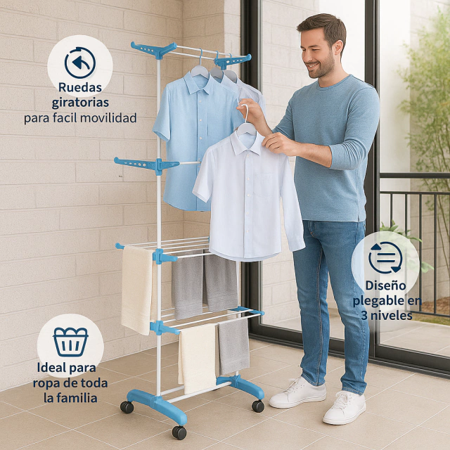 TENDER DE ROPA VERTICAL 3 NIVELES AZANA REFORZADO (40 KG)
