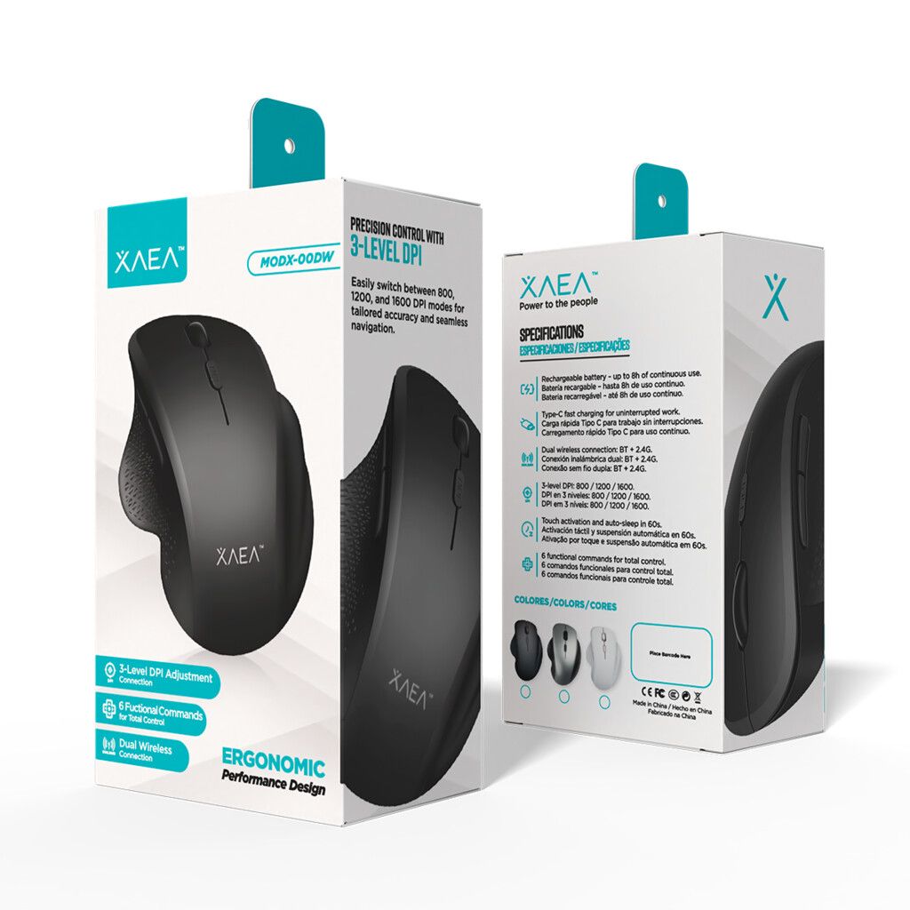 MOUSE INALAMBRICO " XAEA PRO - ERGONOMICO - GRIS " PREMIUM Doble Sistema (Receptor USB + Bluetooth) RECARGABLE