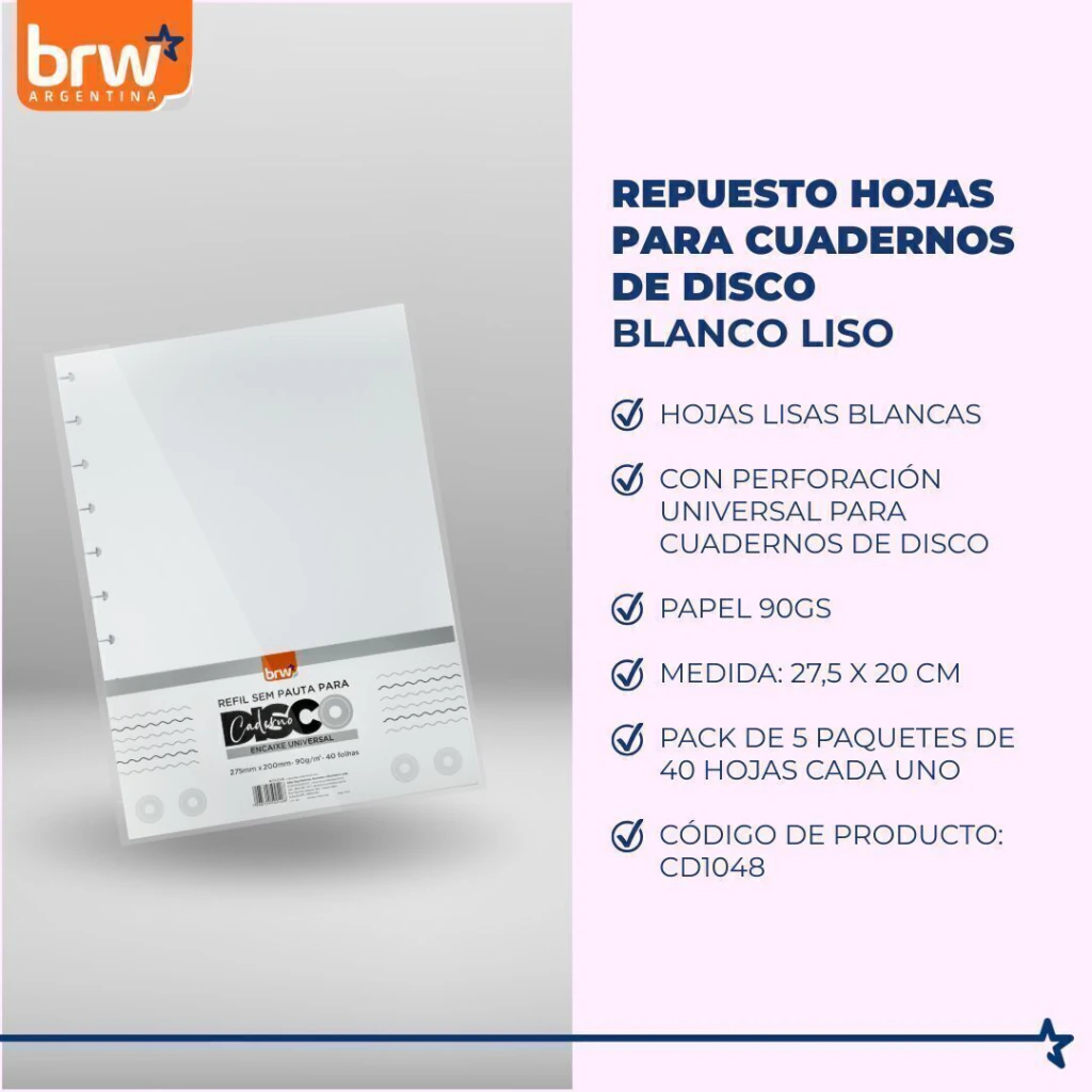Repuesto Discos * Liso A4 * Para Cuaderno Inteligente x 40 Hojas Tamaño 90 Gr