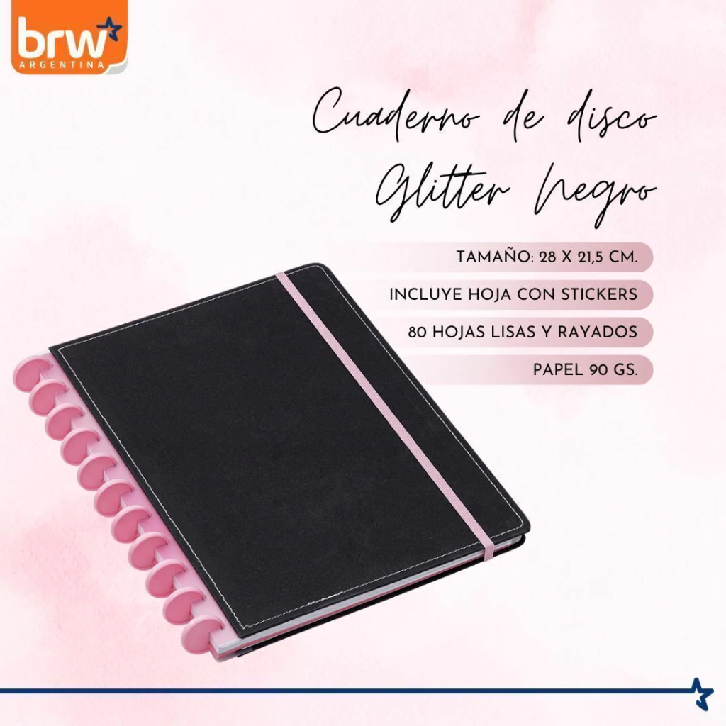 Cuadernos Inteligentes BRW * Glitter Negro * Tamaño A4 (Grandes) Hojas rayadas Sistema de Discos