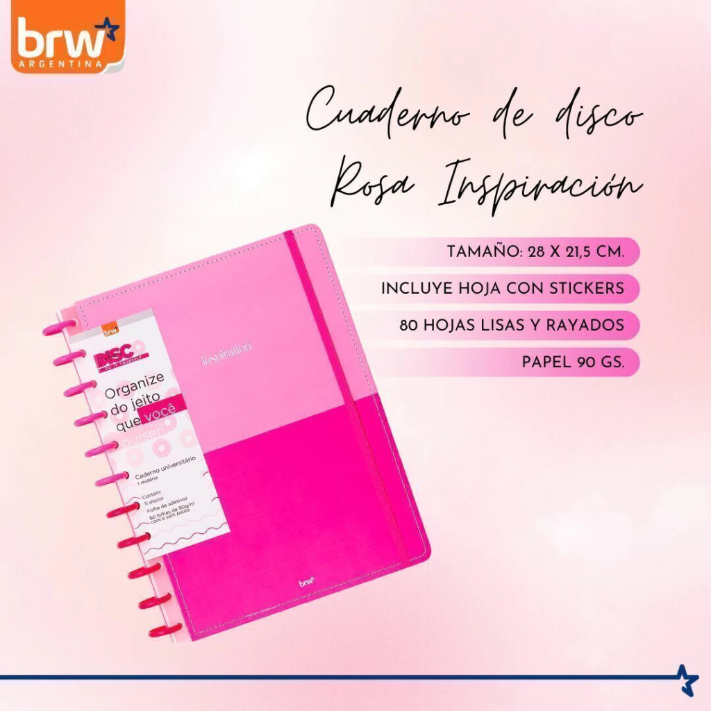 Cuadernos Inteligentes BRW * Rosa Inspiración * Tamaño A4 (Grandes) Hojas rayadas Sistema de Discos