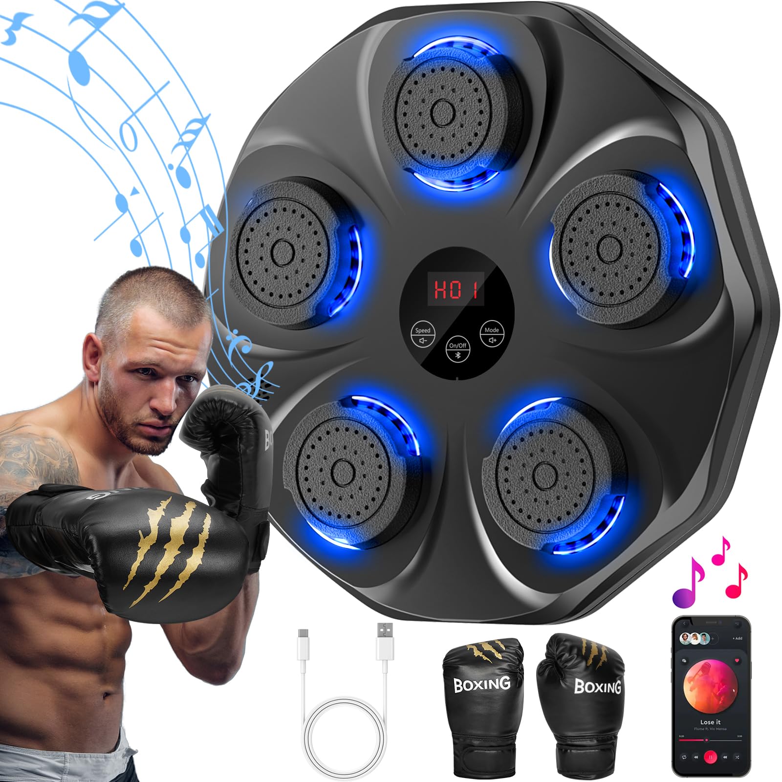 Maquina de Boxeo Inteligente + Guantes + Agarre a la pared + Bluetooth (Musica) Parlante