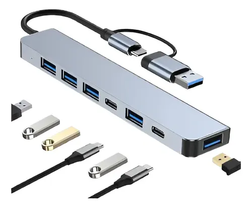 HUB USB METAL * 7 Puertos * 3.0 C/ Doble Entrada USB + TIPO " C " (Zapatilla Prolongador USB) CALIDAD