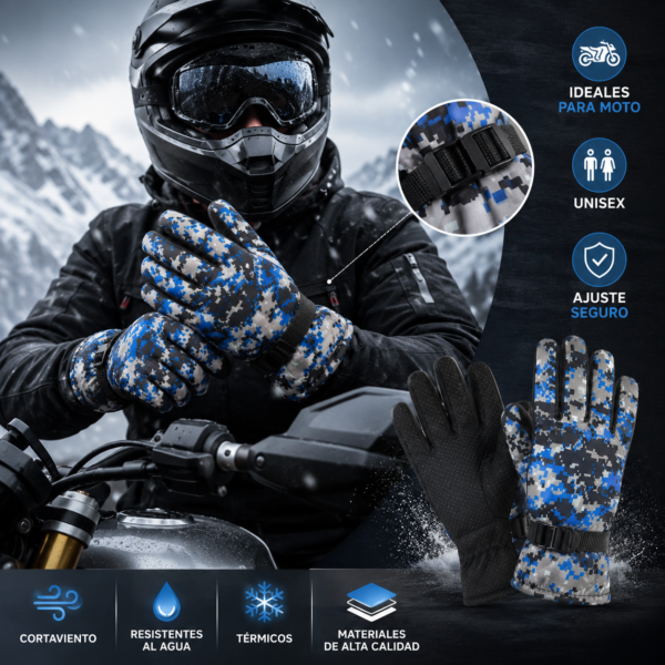 GUANTES REFORZADOS - CAMUFLADO AZUL - POLAR MOTO INVIERNO IMPERMEABLE