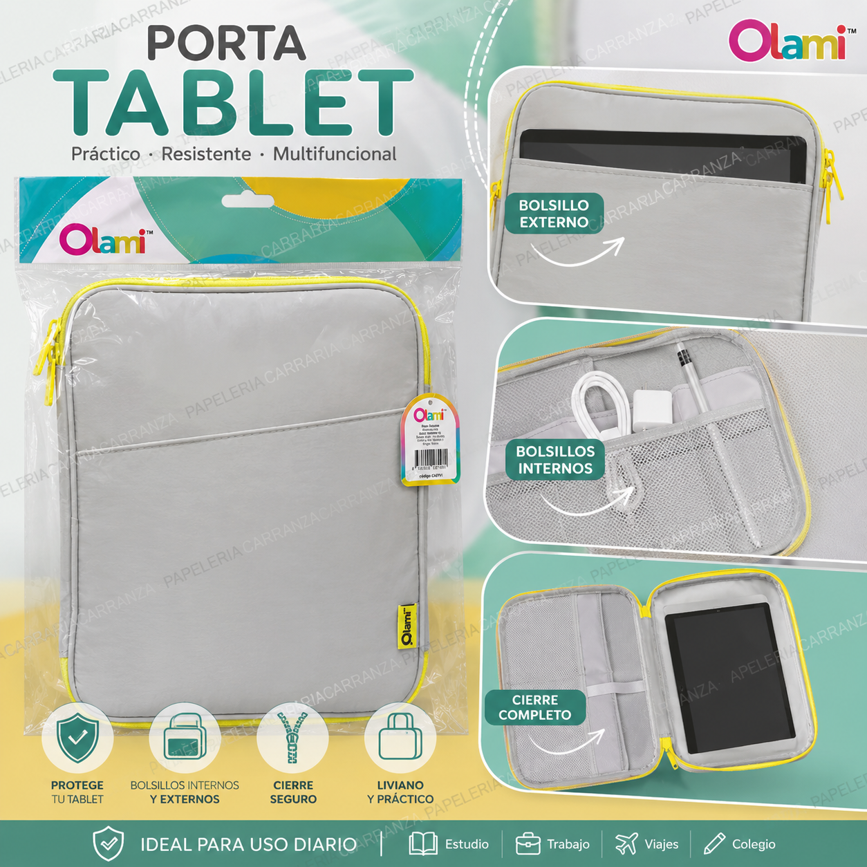 Porta Tablet Funda Reforzada - Olami - Con Cierre y Bolsillos