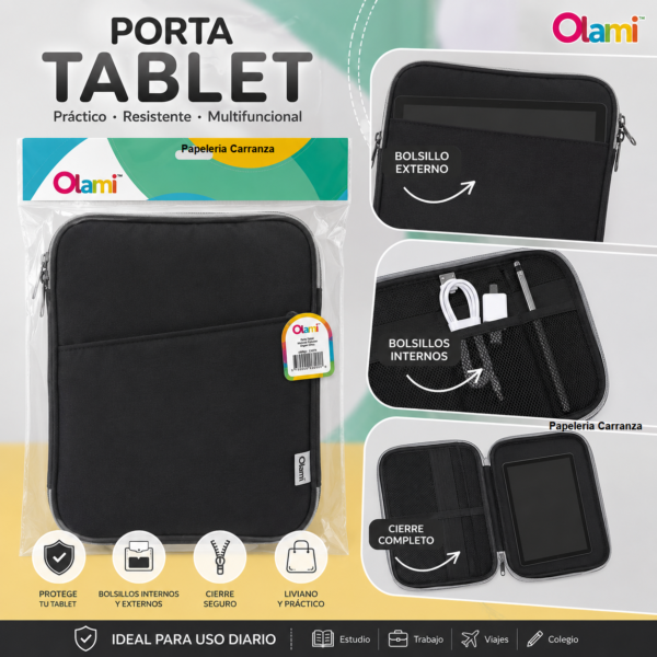 Porta Tablet Funda Reforzada - Olami - Con Cierre y Bolsillos