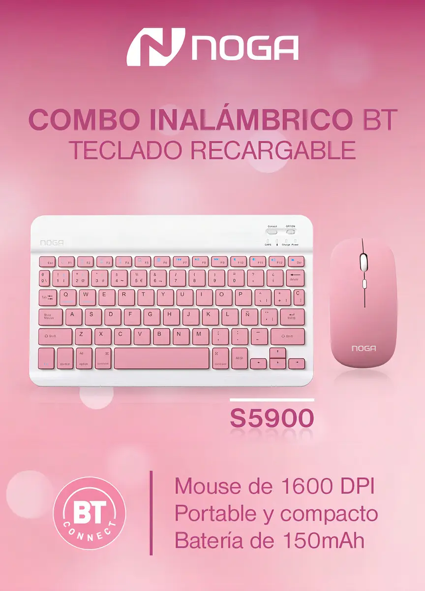 Combo NOGA Mini Inalámbrico * ROSA * RECARGABLE (Teclado Recargable+ Mouse) Pc Notebook Celular Tablet