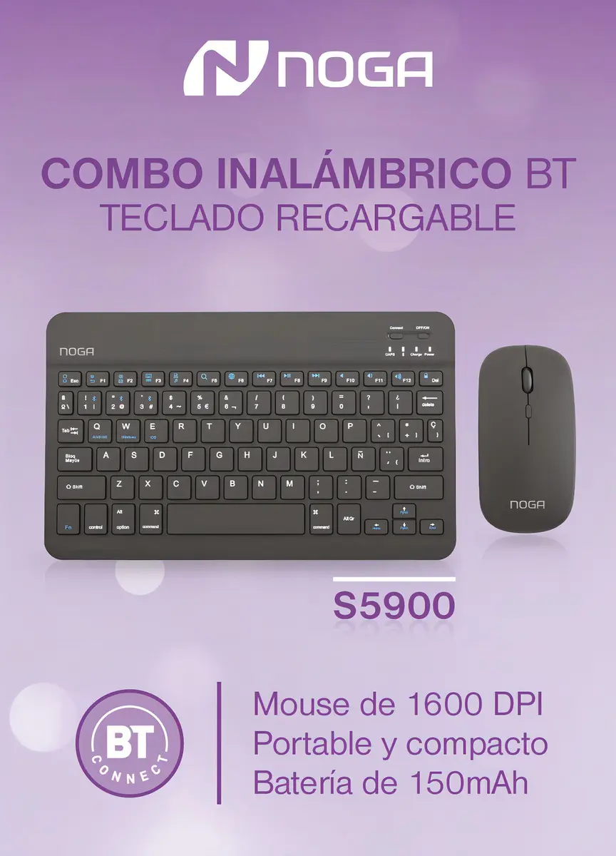 Combo NOGA Mini Inalámbrico * NEGRO * RECARGABLE (Teclado Recargable+ Mouse) Pc Notebook Celular Tablet