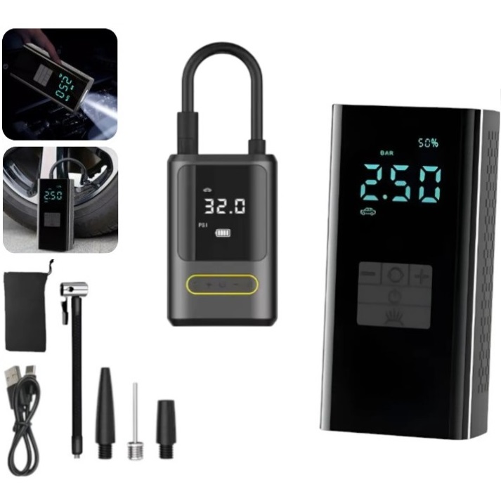Inflador Portatil Recargable 4 en 1 - C/ Linterna y Baliza + Powerbank - Compresor Infla Rueda Auto , Bici, Moto, Pelotas, etc