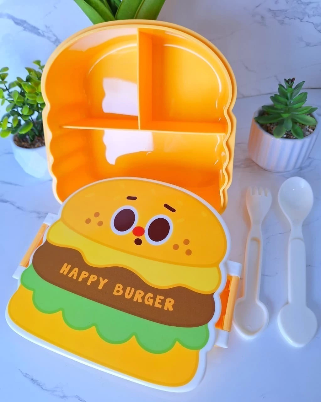 Loncheras Hermeticas - Happy Burger -  c/ división Interna + Cubiertos