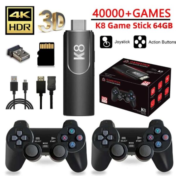 Nueva versión de Consola de Juegos ** K8 GAME STICK PLUS **  JUEGOS (Incluye 2 JOYSTICK) 40.000+ Clásicos Modelo 2026 HDMI EMULADOR de 64GB 4K