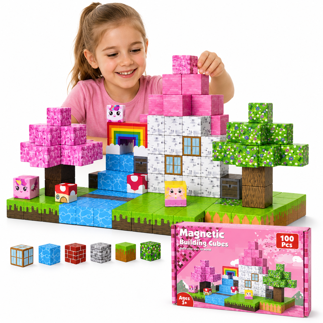 BLOQUES MAGNETICOS - PRINCESA UNICORNIOS 100 PIEZAS - CONSTRUCCION WORLD CUBE ROSA