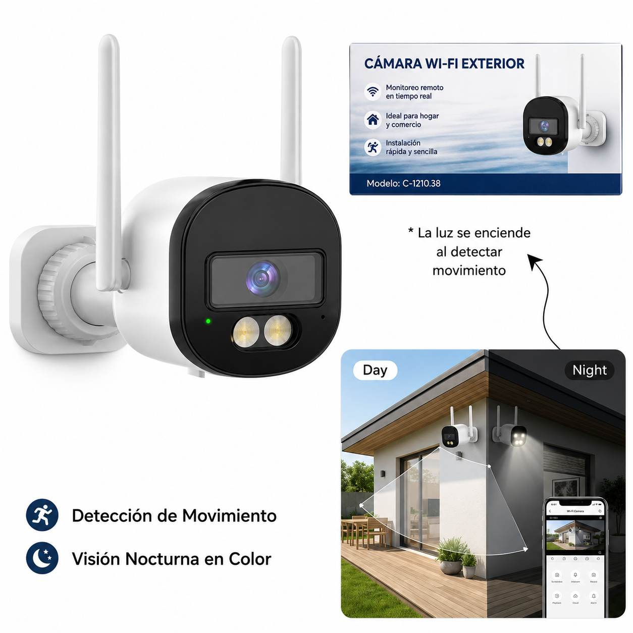 Camara de Seguridad * WIFI EXTERIOR C121038 * Fija Inalambrica (INTERIOR / EXTERIOR) IP Visión Nocturna - Detección de Movimiento IP66
