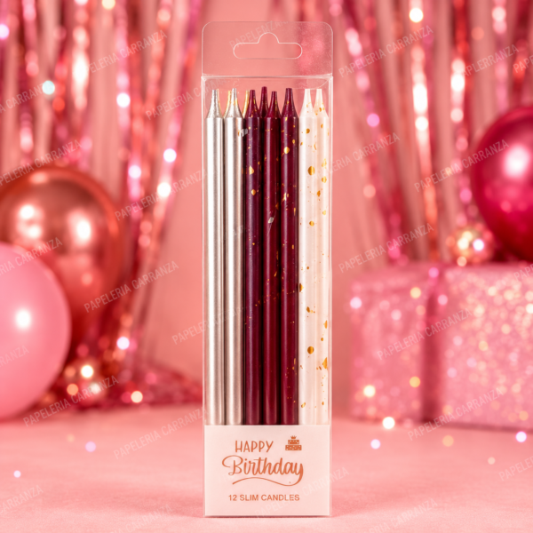 Velitas Slim Candles - BORDÓ, BLANCO Y PLATA - Combinadas x 12