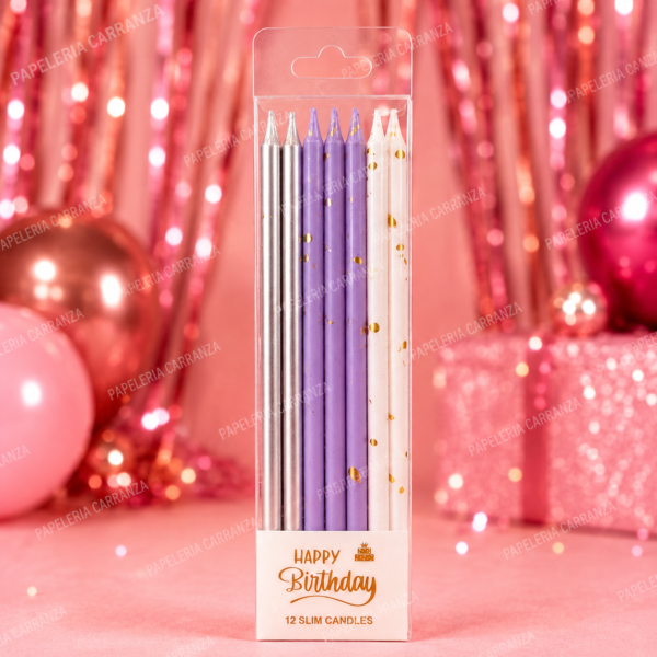 Velitas Slim Candles - LILA, BLANCO Y PLATA - Combinadas x 12