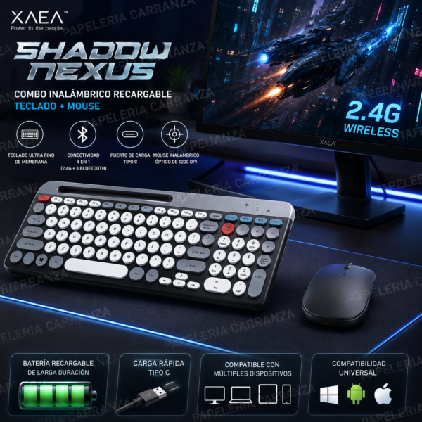 Combo XAEA Mini Inalámbrico * SHADOW NEXUS NEGRO * RECARGABLE (Teclado Recargable+ Mouse) Pc Notebook Celular Tablet PREMIUM