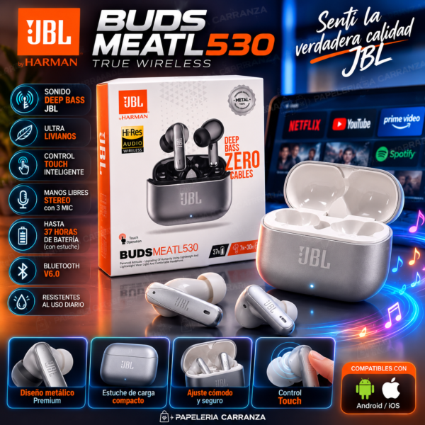 Auriculares * JBL Buds Meatl 530 * de METAL PREMIUM Inalámbricos Bluetooth (Con Cancelación de ruido Optimizada)
