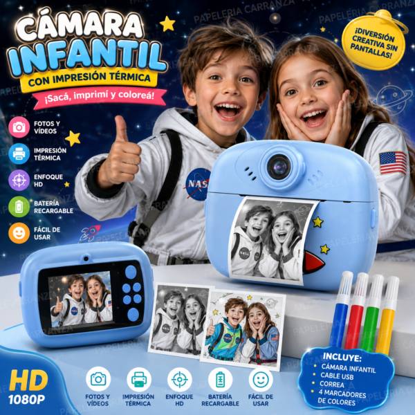 Camara Infantil C/ Impresora ASTRONAUTA + Correa + 2 Rollitos de papel Termico + 4 Fibritas para colorear