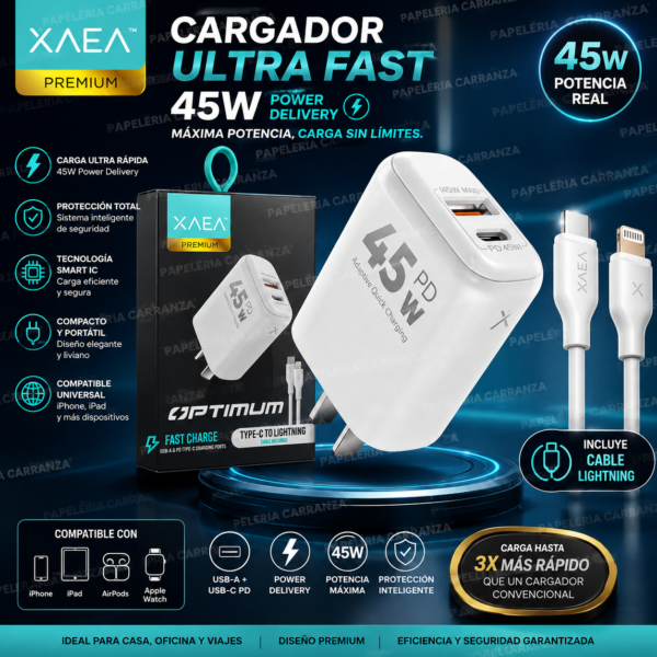 Cargador para Celular OPTIMUM (Salida LIGHTNING) 45W Premium Usb (Carga Ultra Rapida) - Calidad de un Original
