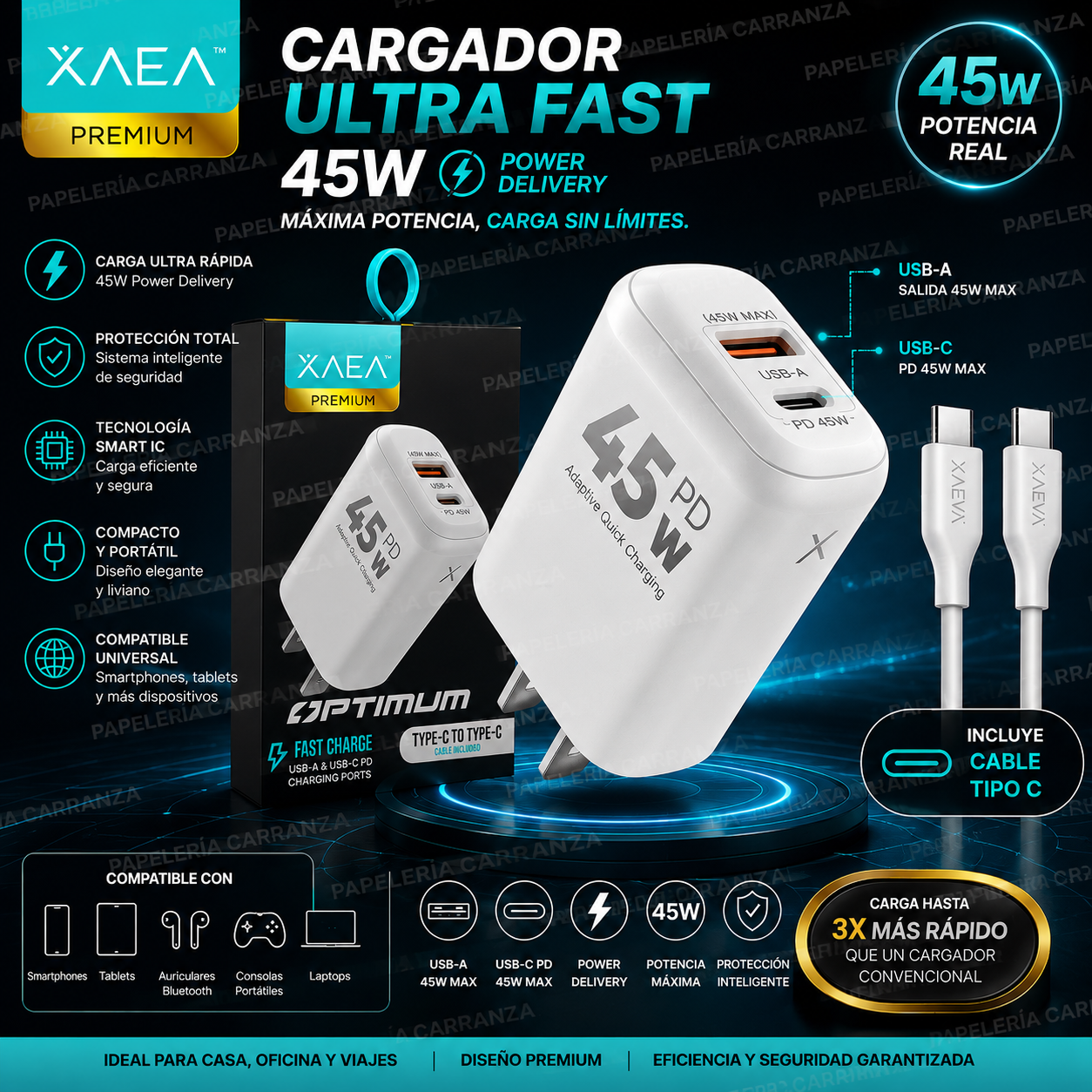 Cargador para Celular OPTIMUM (Salida Tipo C) 45W Premium Usb (Carga Ultra Rapida) - Calidad de un Original
