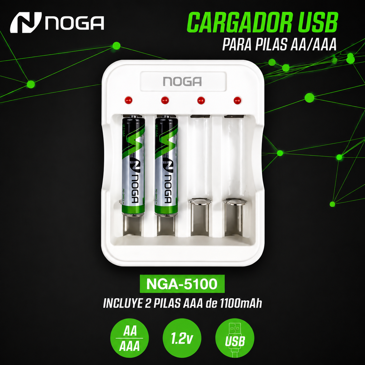 Cargador de Pilas Recargables NOGA NG 5100 + 2 Pilas "AAA"  (Apto para Pilas AA y AAA)