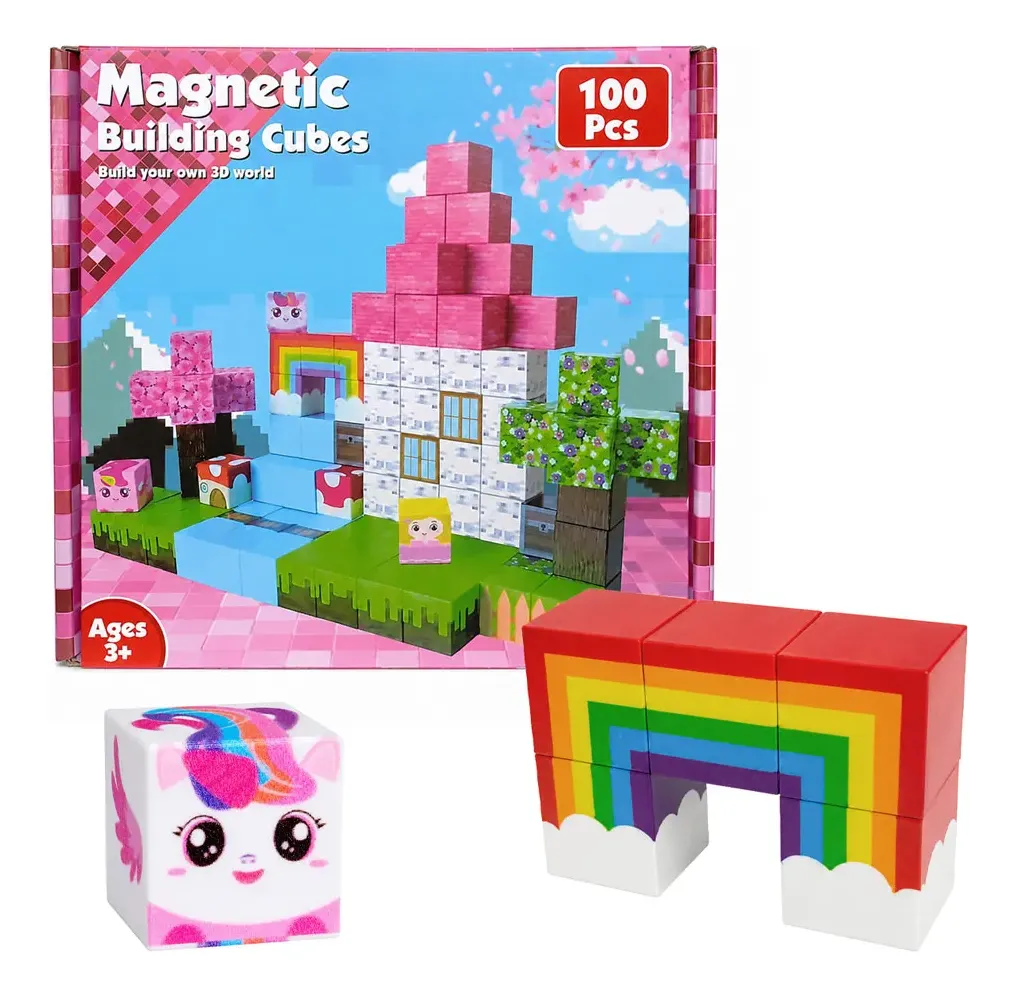 BLOQUES MAGNETICOS - PRINCESA UNICORNIOS 100 PIEZAS - CONSTRUCCION WORLD CUBE ROSA