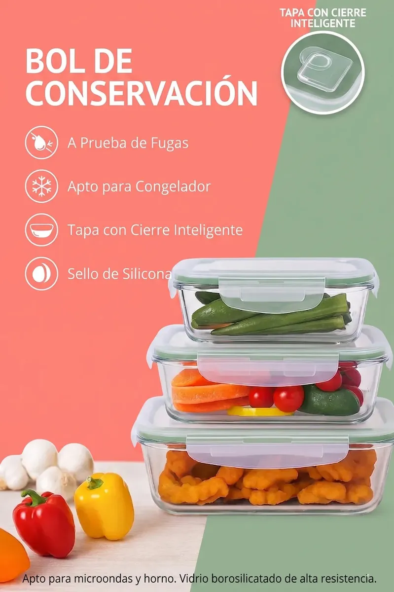 KIT DE TAPPERS DE VIDRIO X 3 MEDIDAS HERMETICOS REDONDOS TUPPERS (6 PIEZAS)