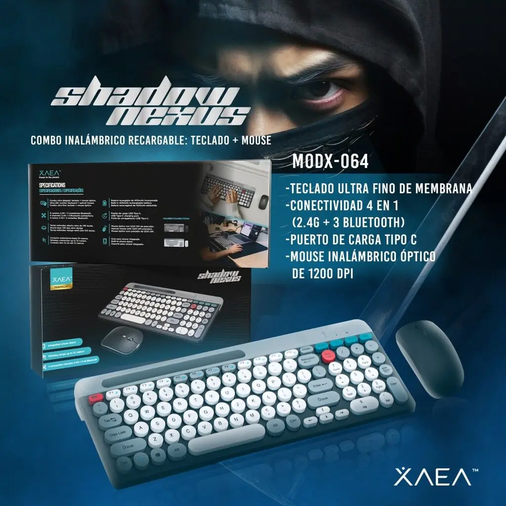 Combo XAEA Mini Inalámbrico * SHADOW NEXUS NEGRO * RECARGABLE (Teclado Recargable+ Mouse) Pc Notebook Celular Tablet PREMIUM