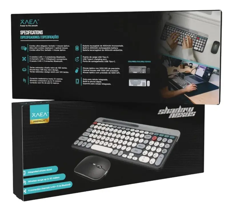 Combo XAEA Mini Inalámbrico * SHADOW NEXUS NEGRO * RECARGABLE (Teclado Recargable+ Mouse) Pc Notebook Celular Tablet PREMIUM