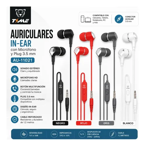 Auriculares Time ** AU 11021 ** c/ Micróf0no + Contestar llamadas