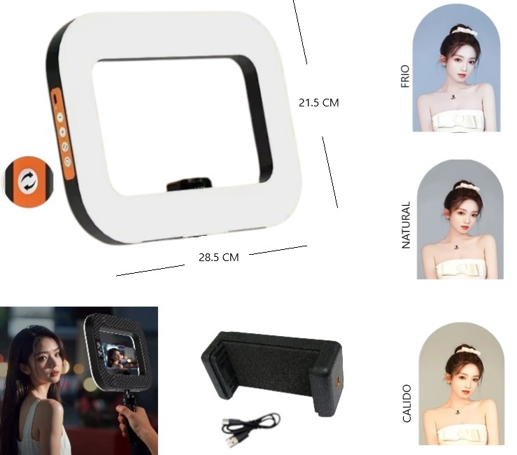 Aros de Luz Led - RECTANGULAR - Blanco 28X22 Grande (NO INCLUYE TRIPODE) Recargable