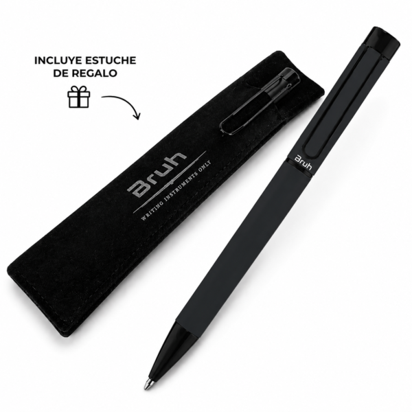 Lapicera Metálica BRUH *BERLIN NEGRA c/ Estuche de tela para Regalo* de Giro PREMIUM (Tinta Azul)