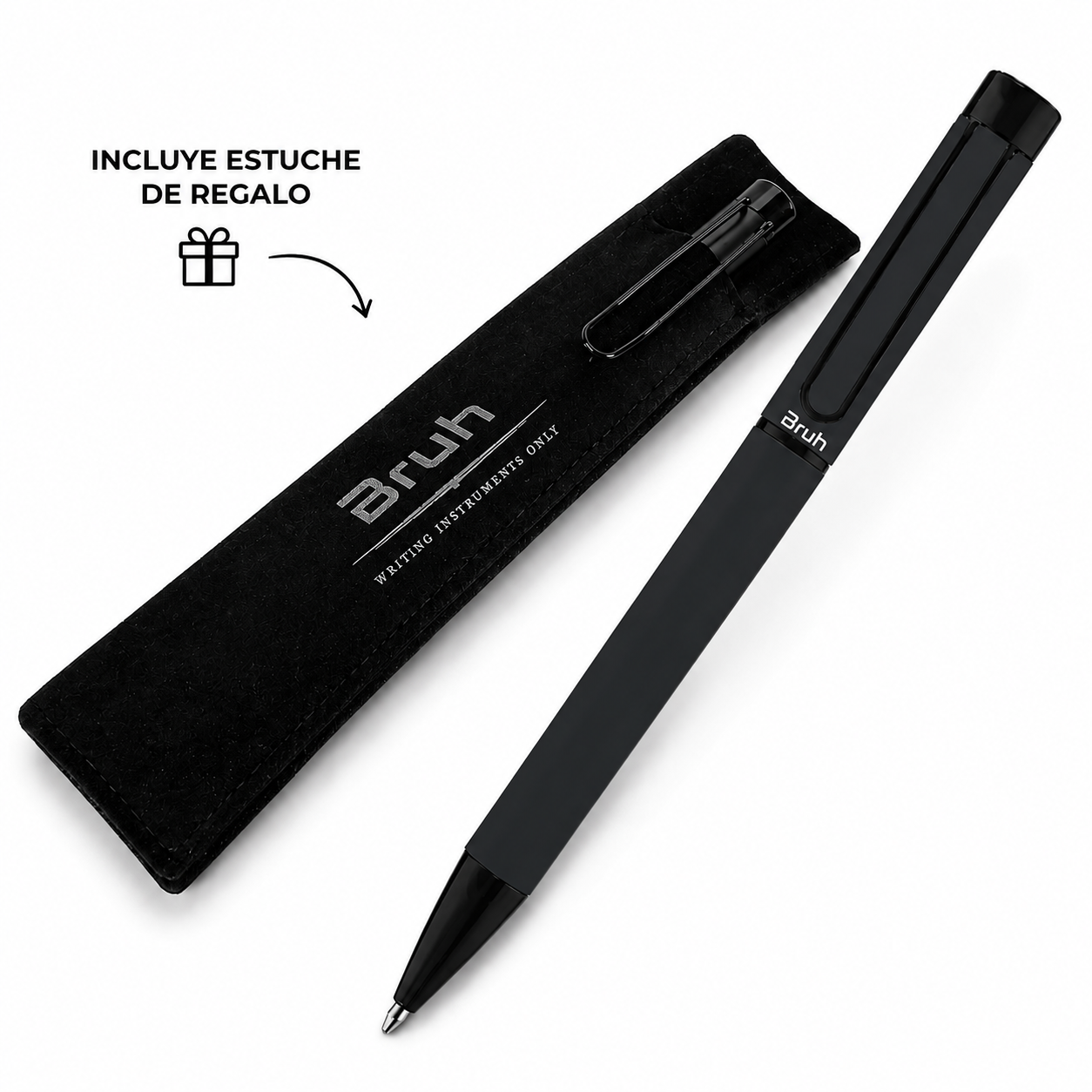 Lapicera Metálica BRUH *BERLIN NEGRA c/ Estuche de tela para Regalo* de Giro PREMIUM (Tinta Azul)