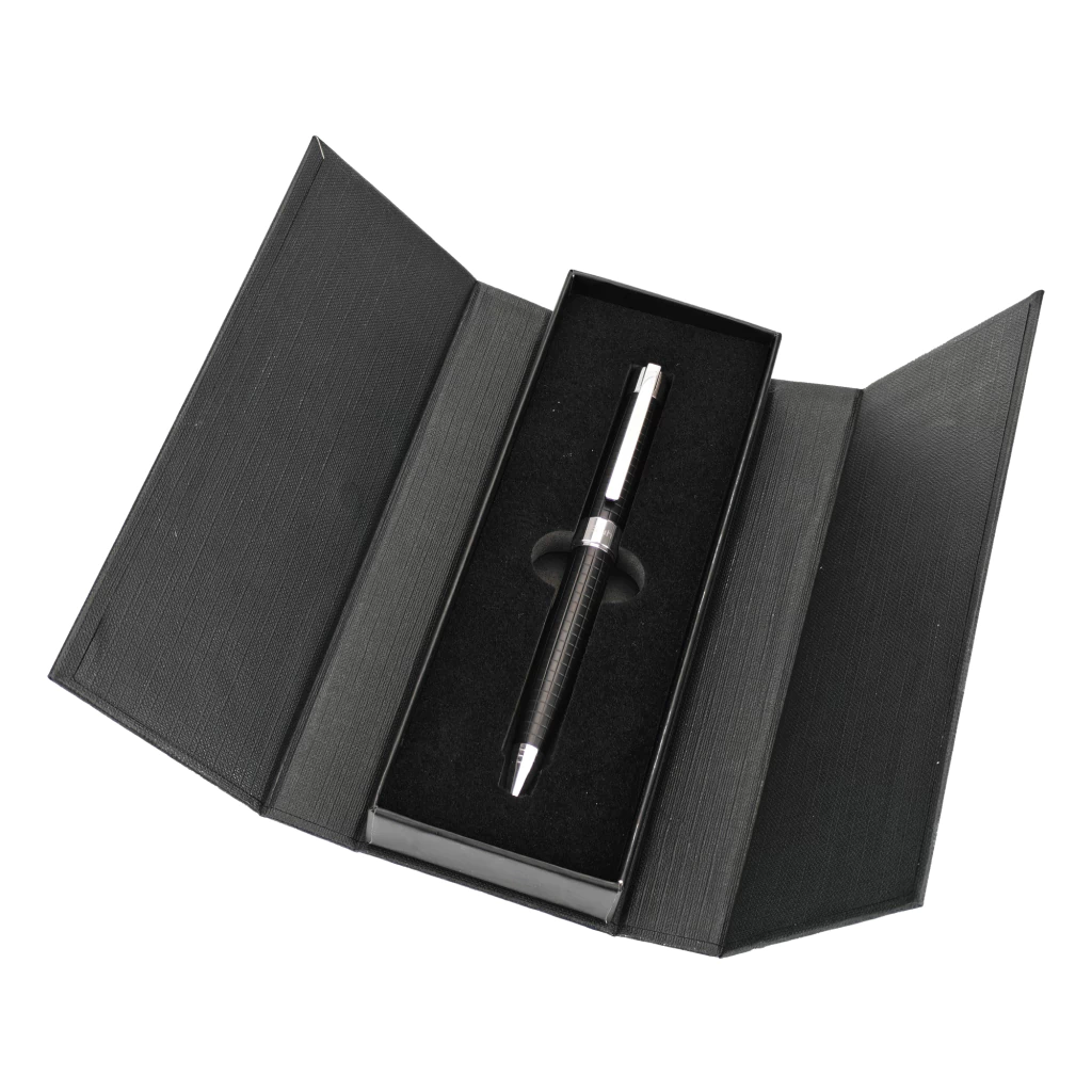 Lapicera Metálica BRUH *DUSSELDORF NEGRA c/ Estuche Rigido + Bolsa para Regalo* de Giro PREMIUM (Tinta Azul)