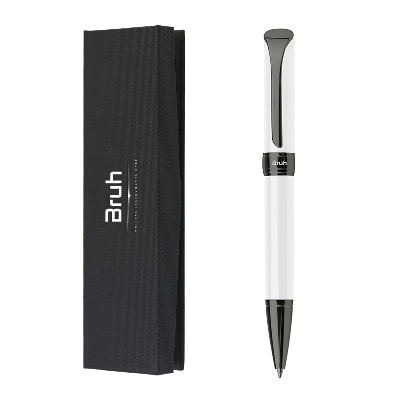Lapicera Metálica BRUH *MUNICH BLANCA c/ Estuche Rigido + Bolsa para Regalo* de Giro PREMIUM (Tinta Azul)