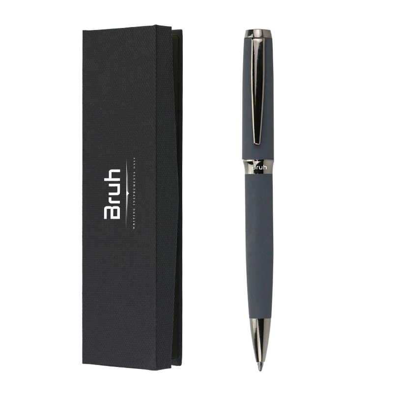 Lapicera Metálica BRUH *HAMBURGO GRIS c/ Estuche Rigido + Bolsa para Regalo* de Giro PREMIUM (Tinta Azul)