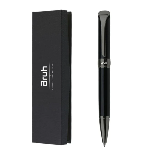 Lapicera Metálica BRUH *MUNICH NEGRA c/ Estuche Rigido + Bolsa para Regalo* de Giro PREMIUM (Tinta Azul)