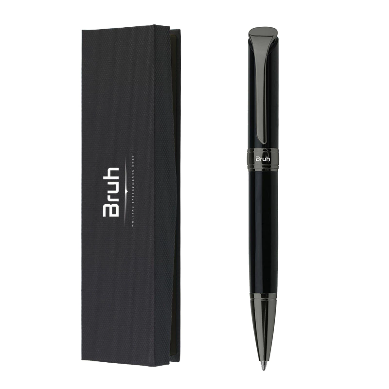 Lapicera Metálica BRUH *MUNICH NEGRA c/ Estuche Rigido + Bolsa para Regalo* de Giro PREMIUM (Tinta Azul)